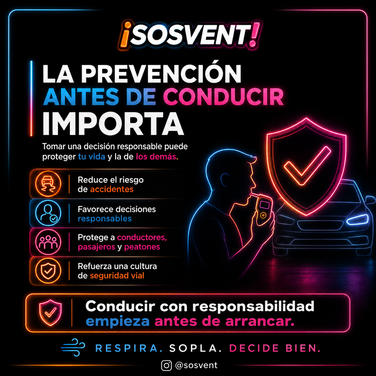 Gráfica SOSVENT sobre la importancia de la prevención antes de conducir, con personas realizando el test de alcohol