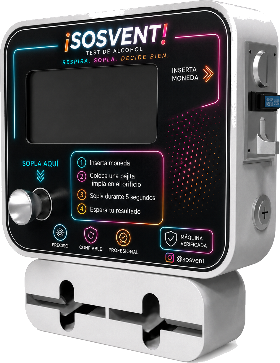 Máquina SOSVENT de test de alcohol de autoservicio con pantalla, ranura de monedas, punto de soplado y dispensador de pajitas