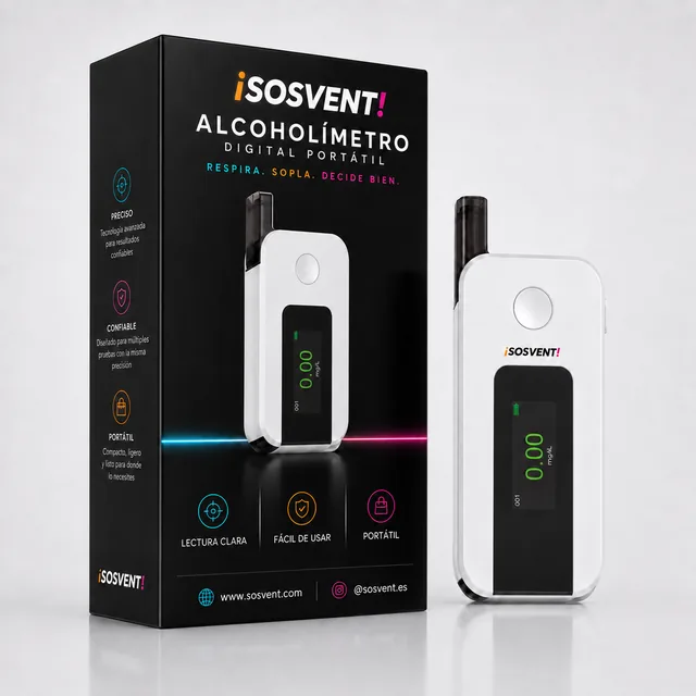 Alcoholímetro digital portátil SOSVENT junto a su caja oficial